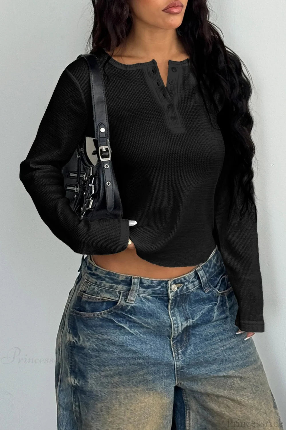 Y2K Button Accent Slim Long Sleeve Tee Black / S