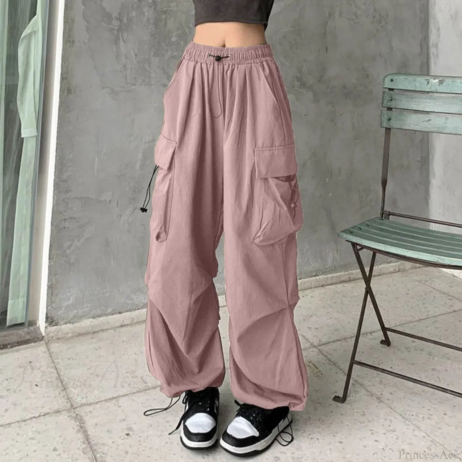 Y2K Cargo Drawstring Pleated Wide Pants red 3 / S