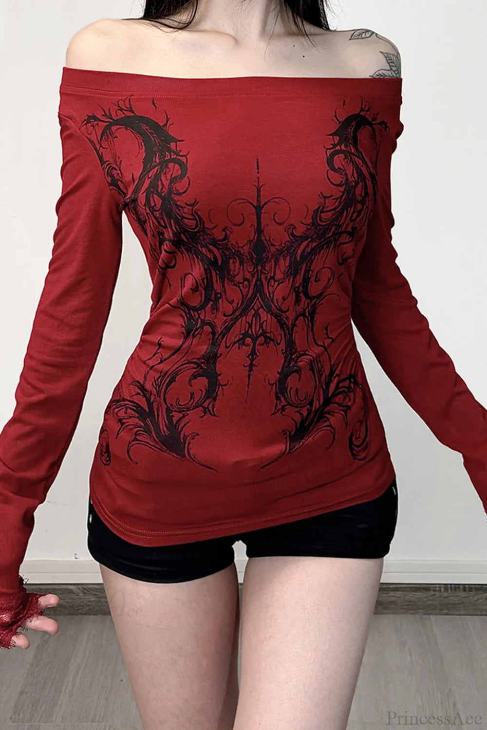 Y2K Dark Print Off Shoulder Long Sleeve Tee