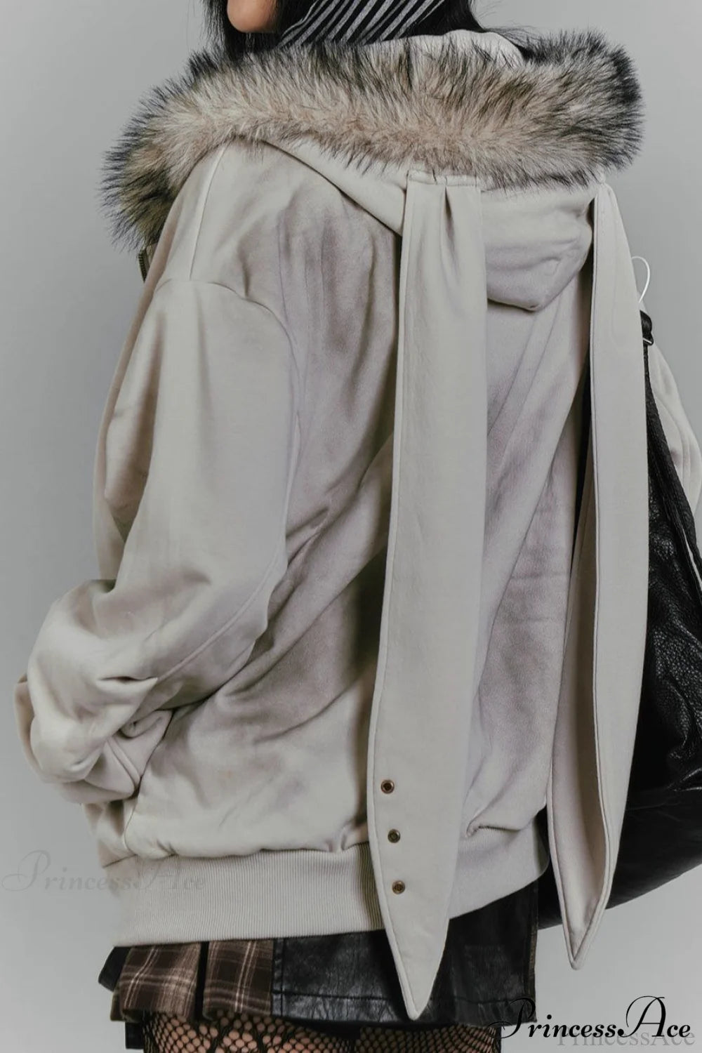 Y2K Fleece Collar Bunny Ear Print Hoodie