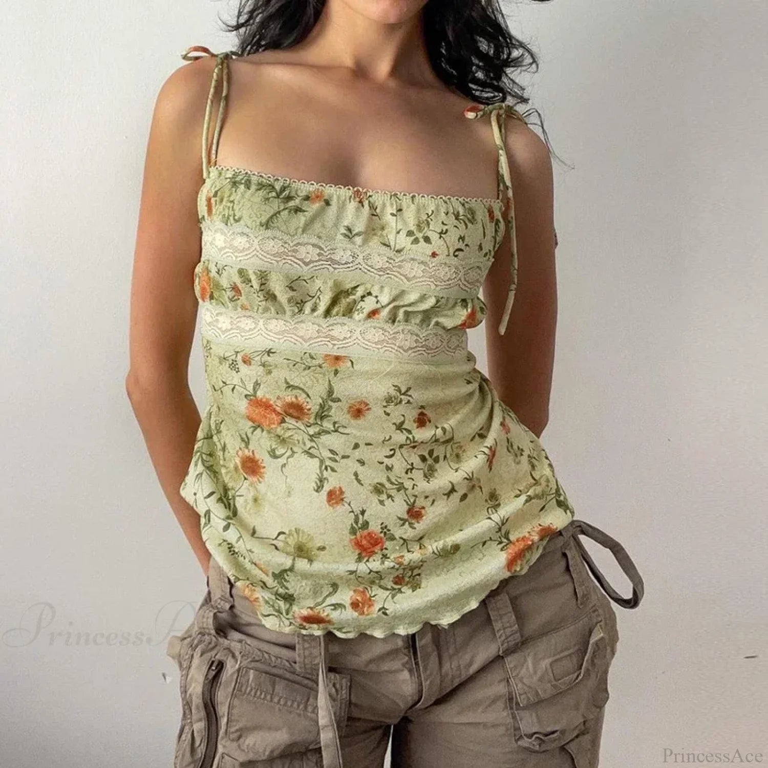 Y2K Floral Print Contrast Lace Patchwork Lace-up Coquette Grunge Crop Top croptop-250126