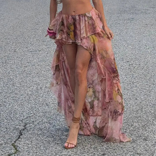 Y2K Floral Printed Low Waist Lace Holiday Skirt Mixed Color / S skirt-250126