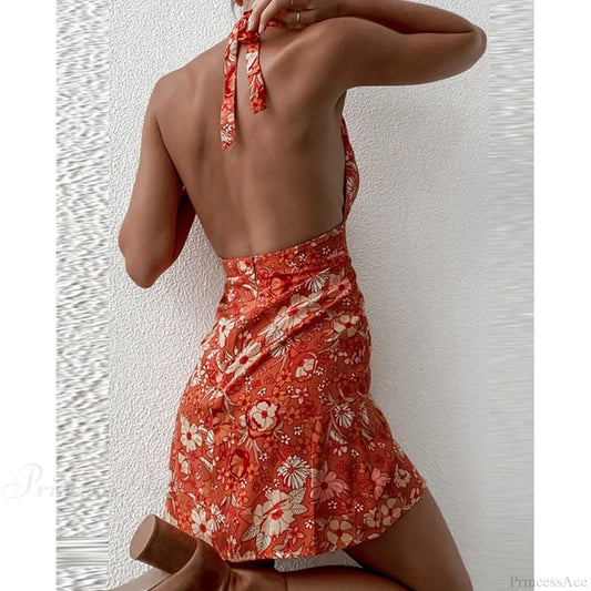 Y2K Floral Sleeveless Halter Neck Backless Floral Dress floraldress-250126