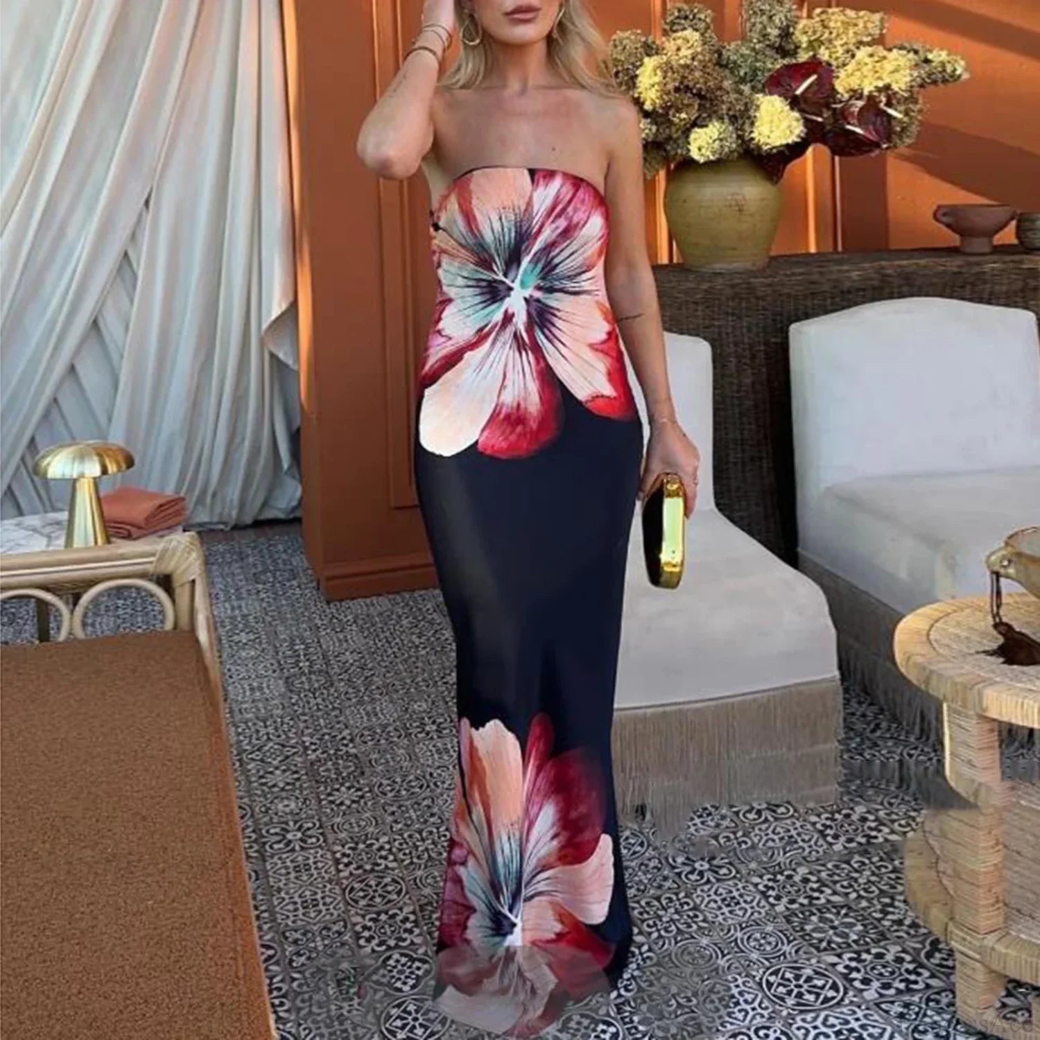 Y2K Floral Tube Strapless Backless Sundress Black / S floraldress-250126