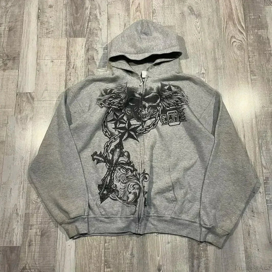 Y2K Gothic Skull Zipper Hoodie black1 / S