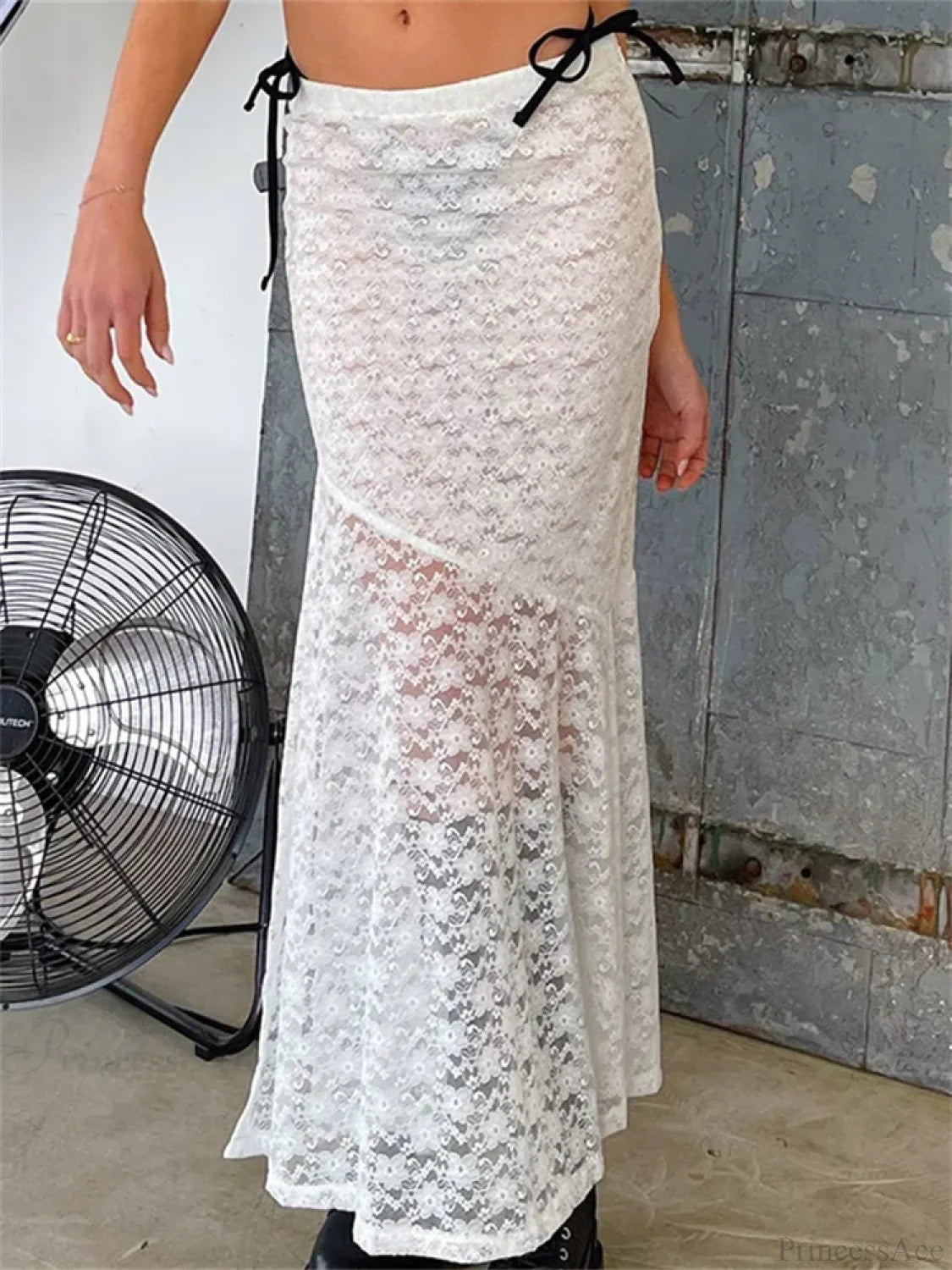 Y2K Grunge Lace Mesh See Through Bow Tie Long Skirt skirt-250126