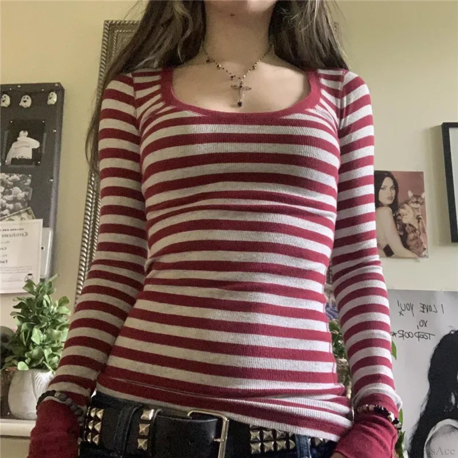 Y2K Grunge Striped Crew Neck Fall Slim Fit Knit Top Red / S knittop-250126