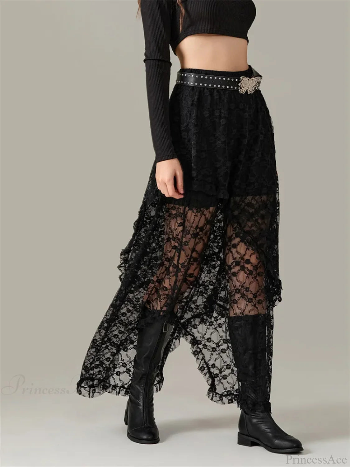 Y2K Lace Mesh See Through High Waist Asymmetrical Skirt skirt-250126