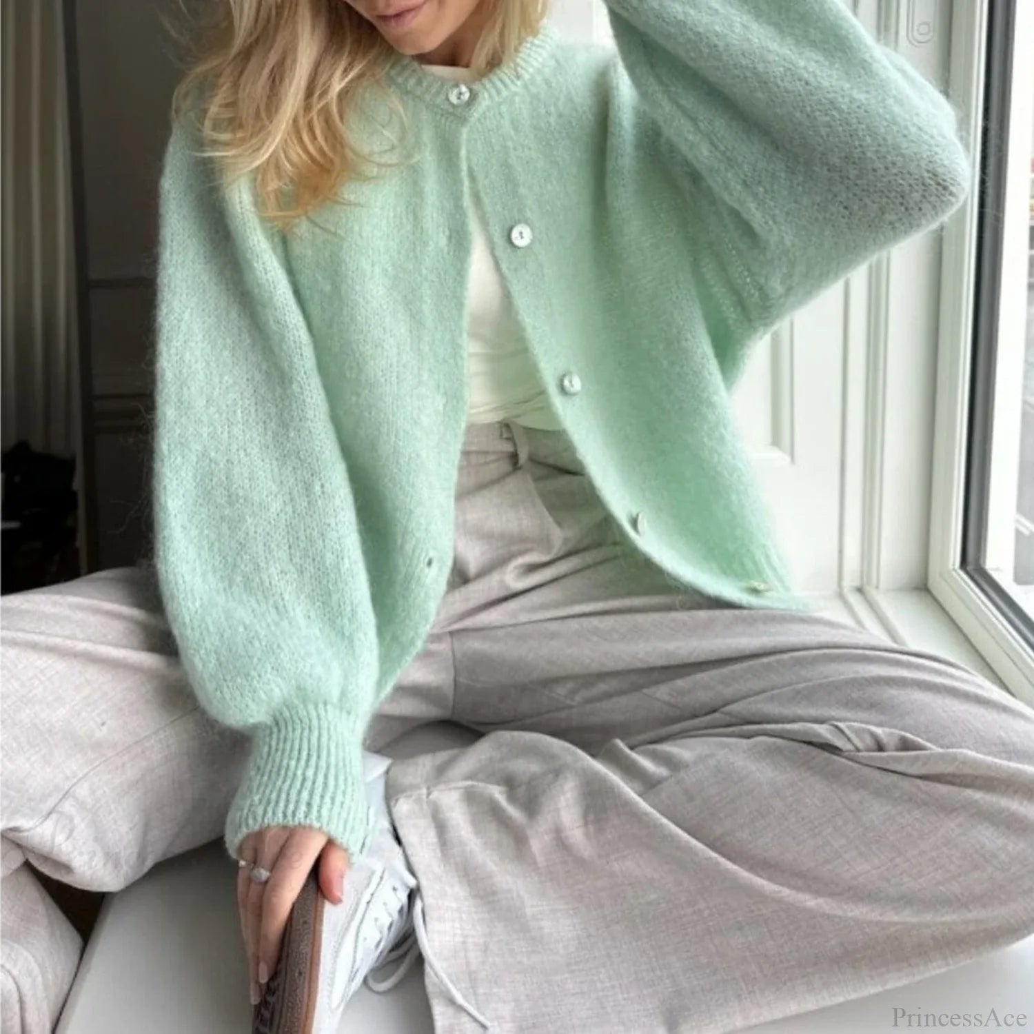 Y2K Long Sleeve Pullover Knit Casual Cardigan green / S cardiagn-250126