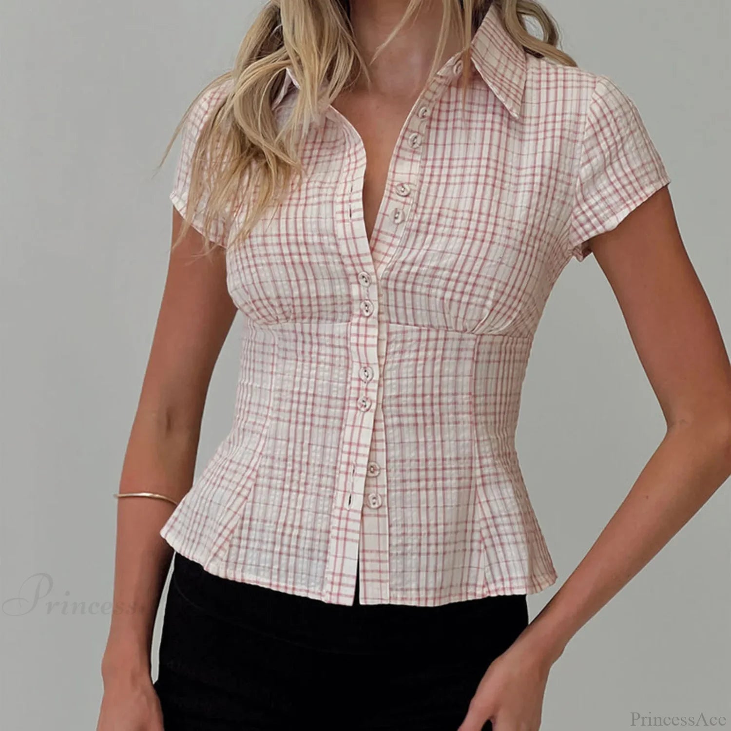 Y2K Plaid Button Down Short Sleeve Blouse Pink / S blouse-250223
