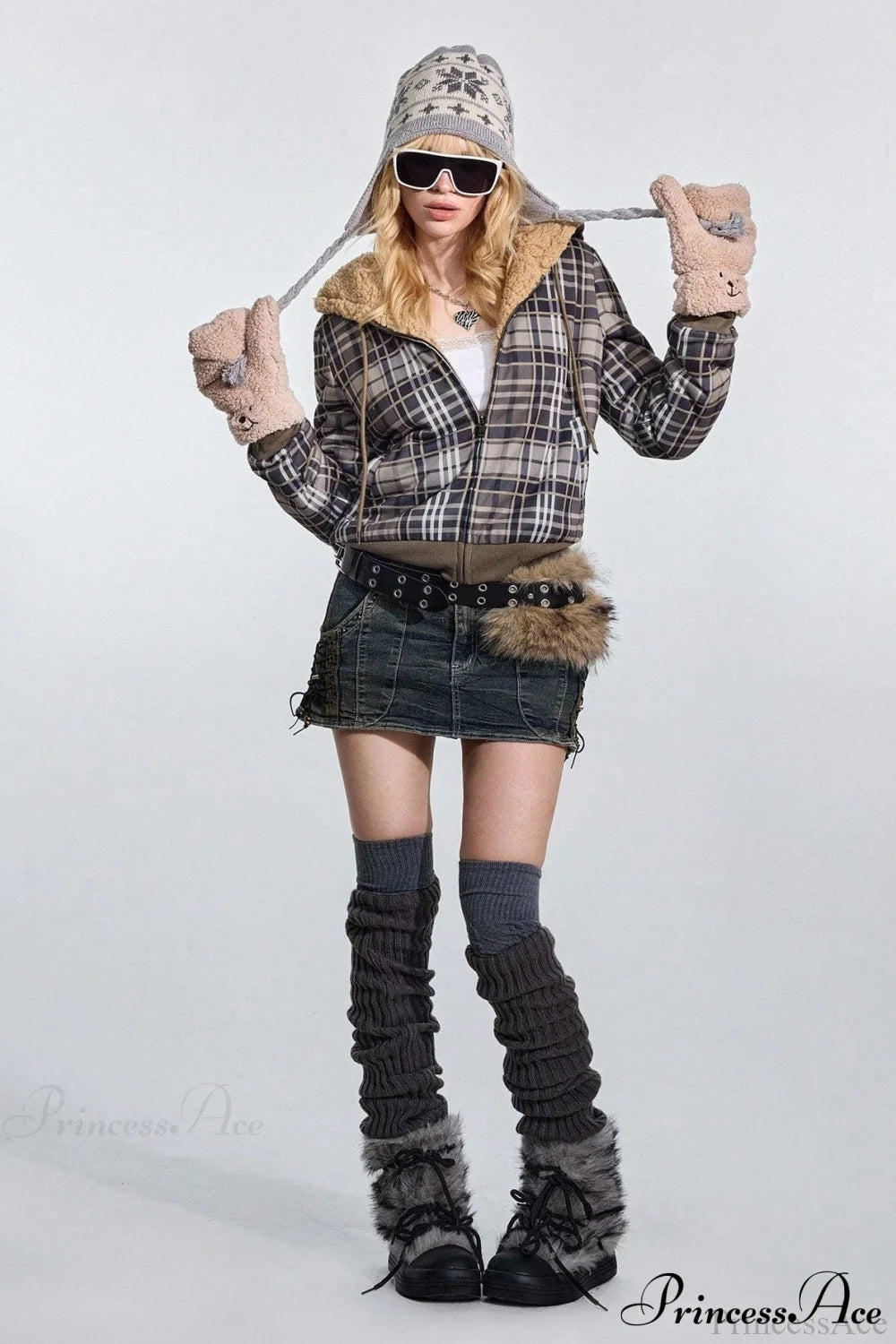 Y2K Plaid Sherpa Fleece Hoodie