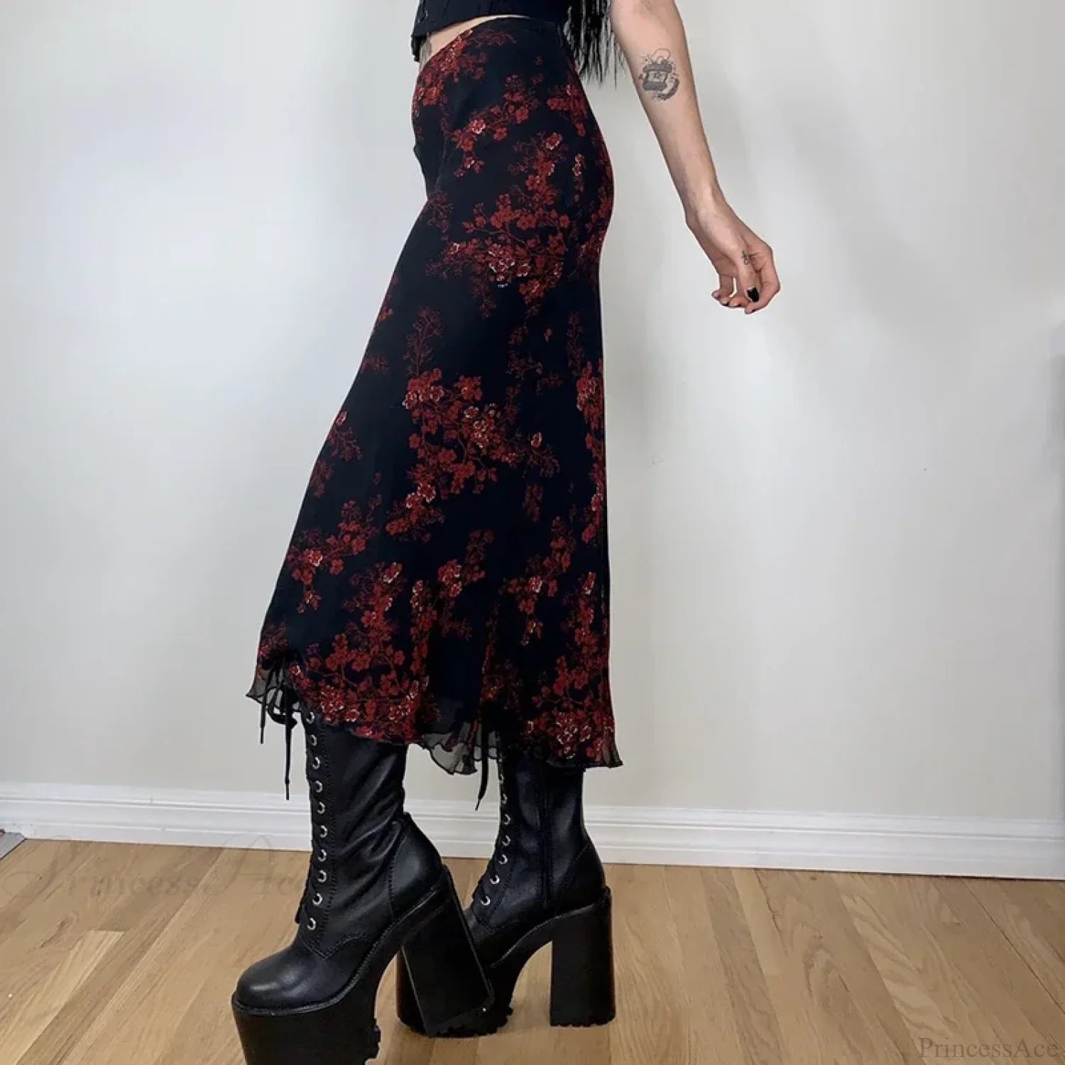 Y2K Retro Floral Printed High Waist Ruffled Women’s Long Skirt skirt-250126