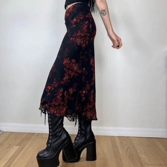 Y2K Retro Floral Printed High Waist Ruffled Women’s Long Skirt skirt-250126