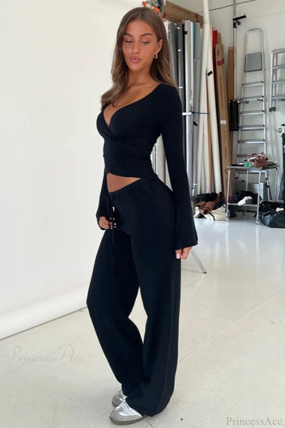 Y2K Sexy V-Neck Fitted Top Casual Pants Two Piece Set