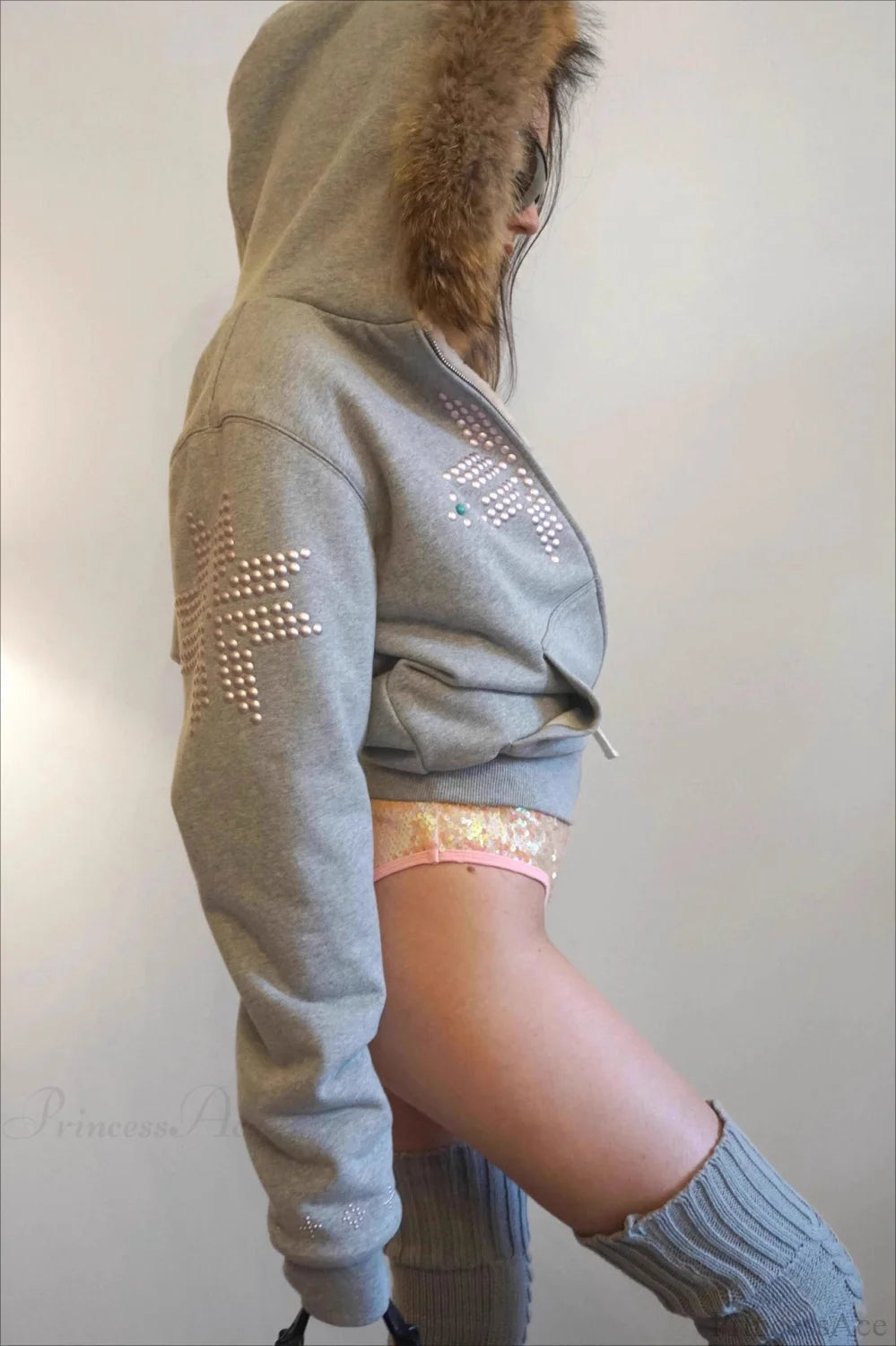 Y2K Sherpa Collar Rhinestone Zip-Front Waist-Cinched Hoodie