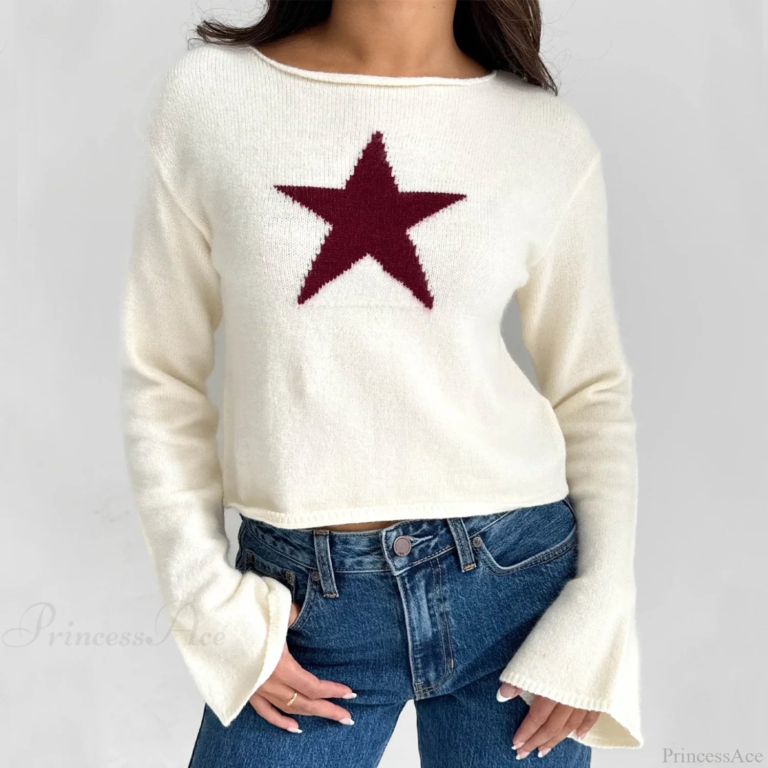 Y2K Star Print Lightweight Crewneck Cropped Knit Pullover Top WHITE / S knittop-250126
