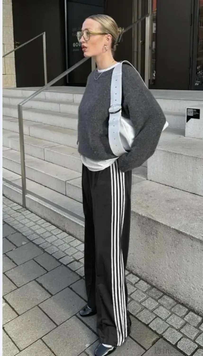 Y2K Striped Baggy Track Jogger Sweatpants Pant Black / S pant-250223
