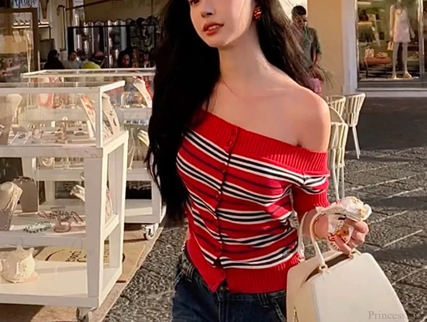 Y2K Striped Knitted Off Shoulder Button-front Sweater Knit Top Red / One Size knittop-250126