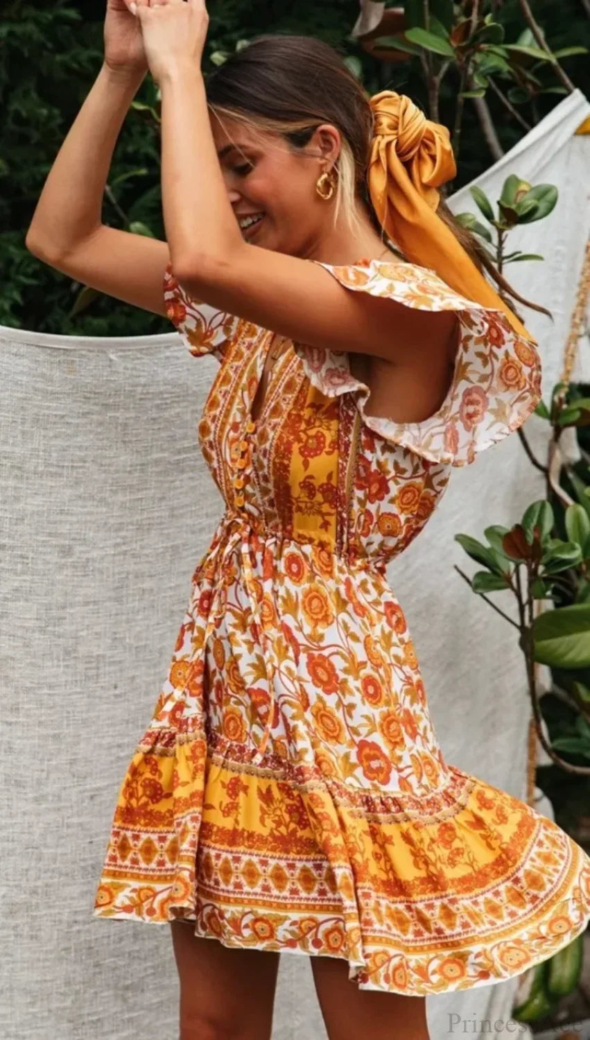 Yellow Floral Lace-up Rayon Boho Dress bohodress-250126