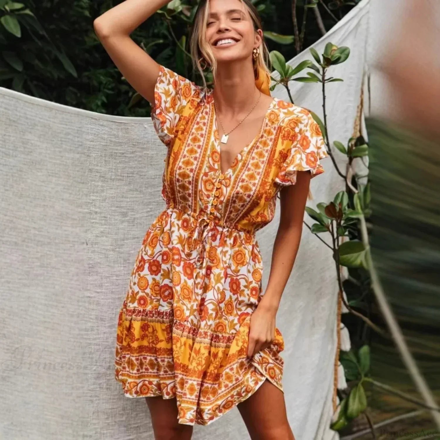 Yellow Floral Lace-up Rayon Boho Dress Yellow / S bohodress-250126