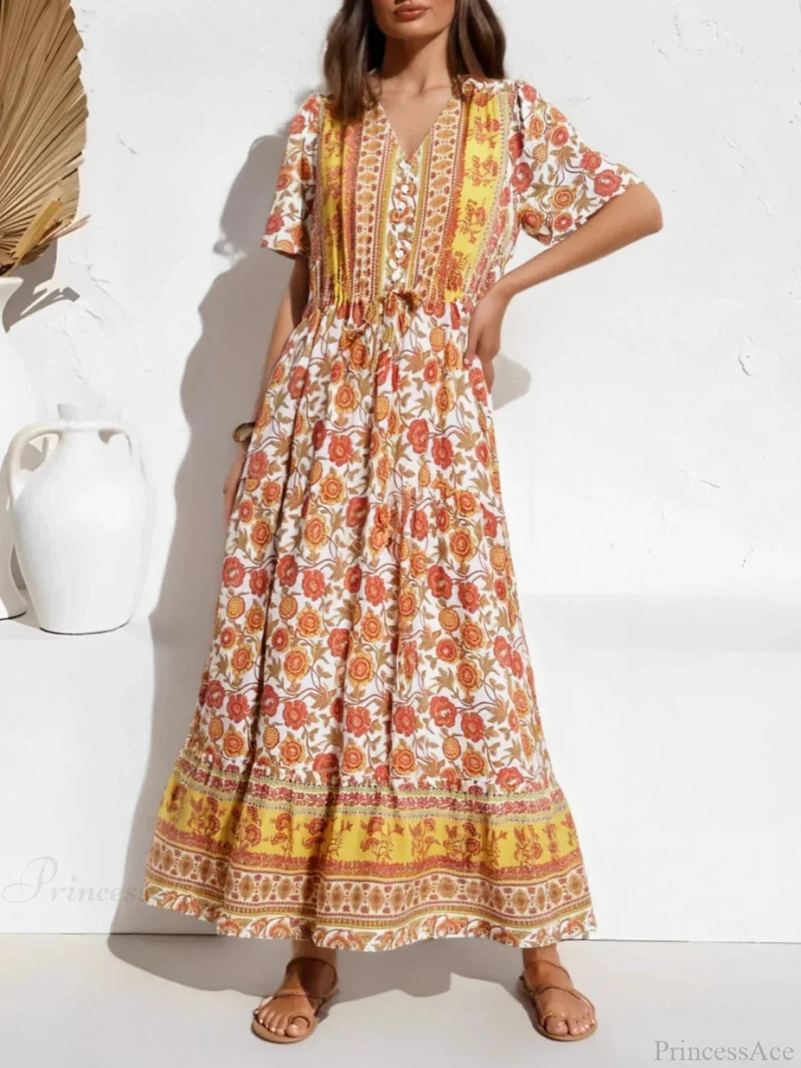 Yellow Floral Print Ruffle Sleeve Pleated Summer Maxi Boho Dress Yellow / S bohodress-250126