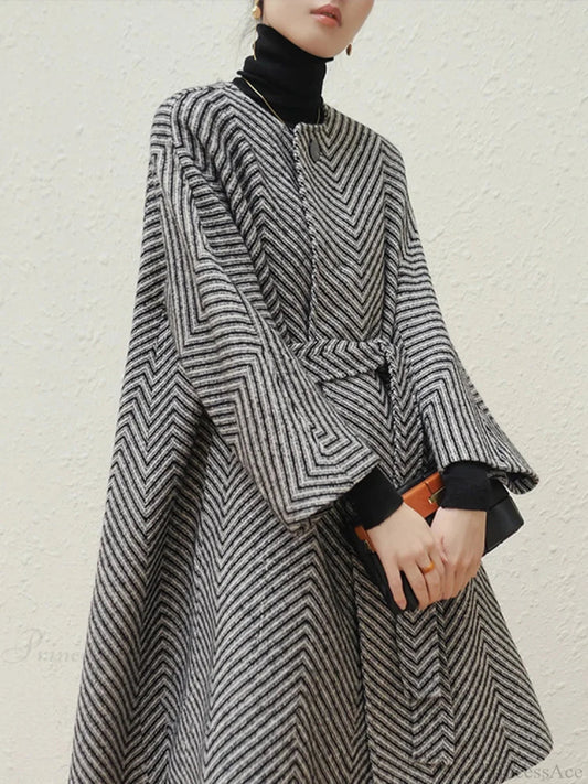 Zigzag Woolen Sashes A-Line Overcoat Multicolor / S
