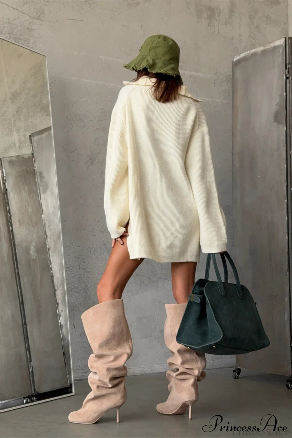 Zip Stand-Collar Thickened Solid Color Loose Sweater