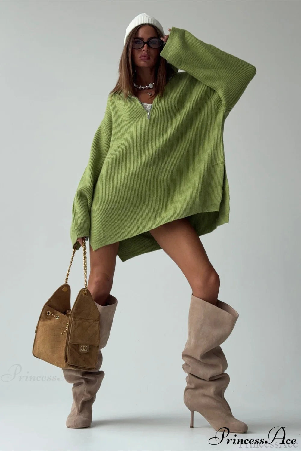 Zip Stand-Collar Thickened Solid Color Loose Sweater Green / S