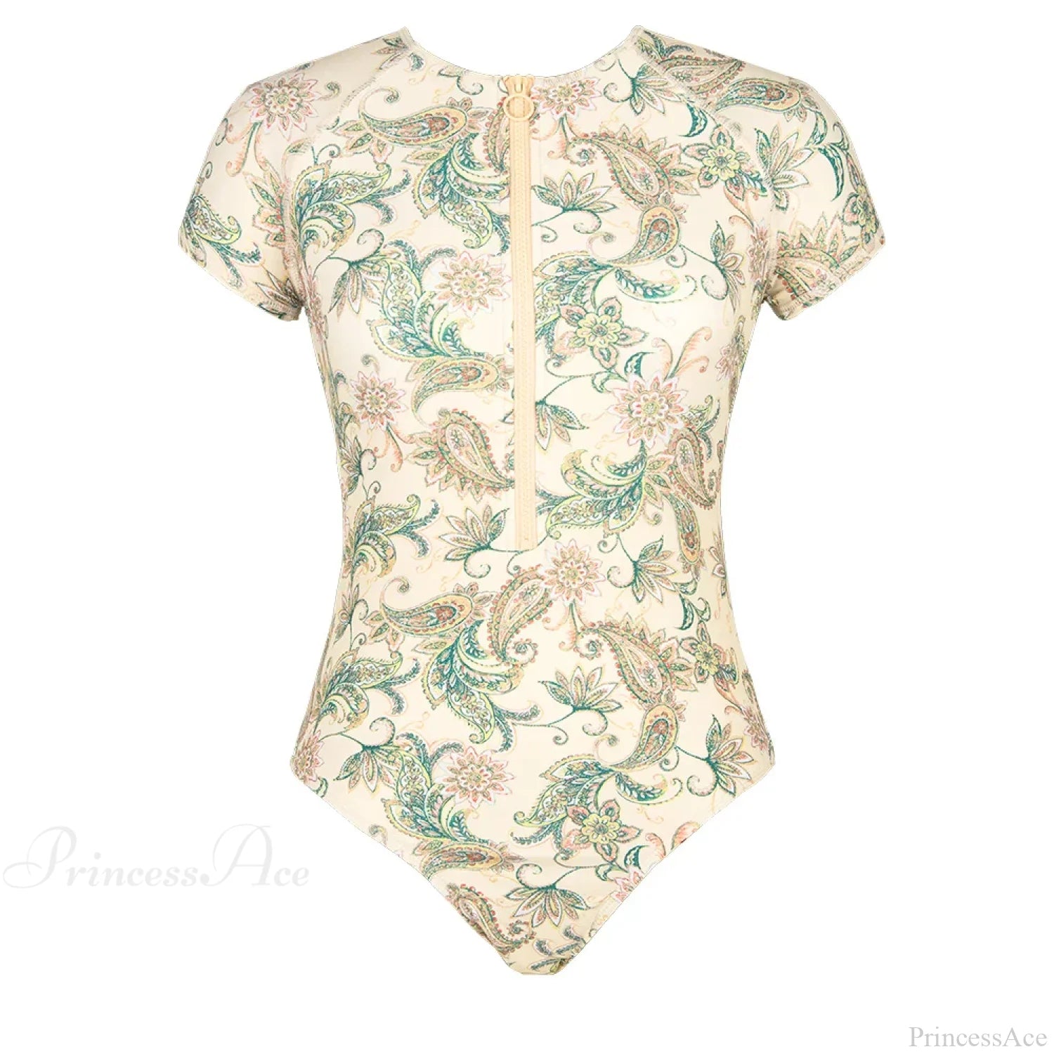 Zipper Short Sleeve High Neck One Piece Set beige2 / XS